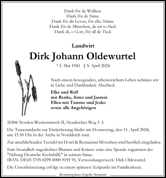 Traueranzeige von Dirk Johann Oldewurtel von Ostfriesischer Kurier