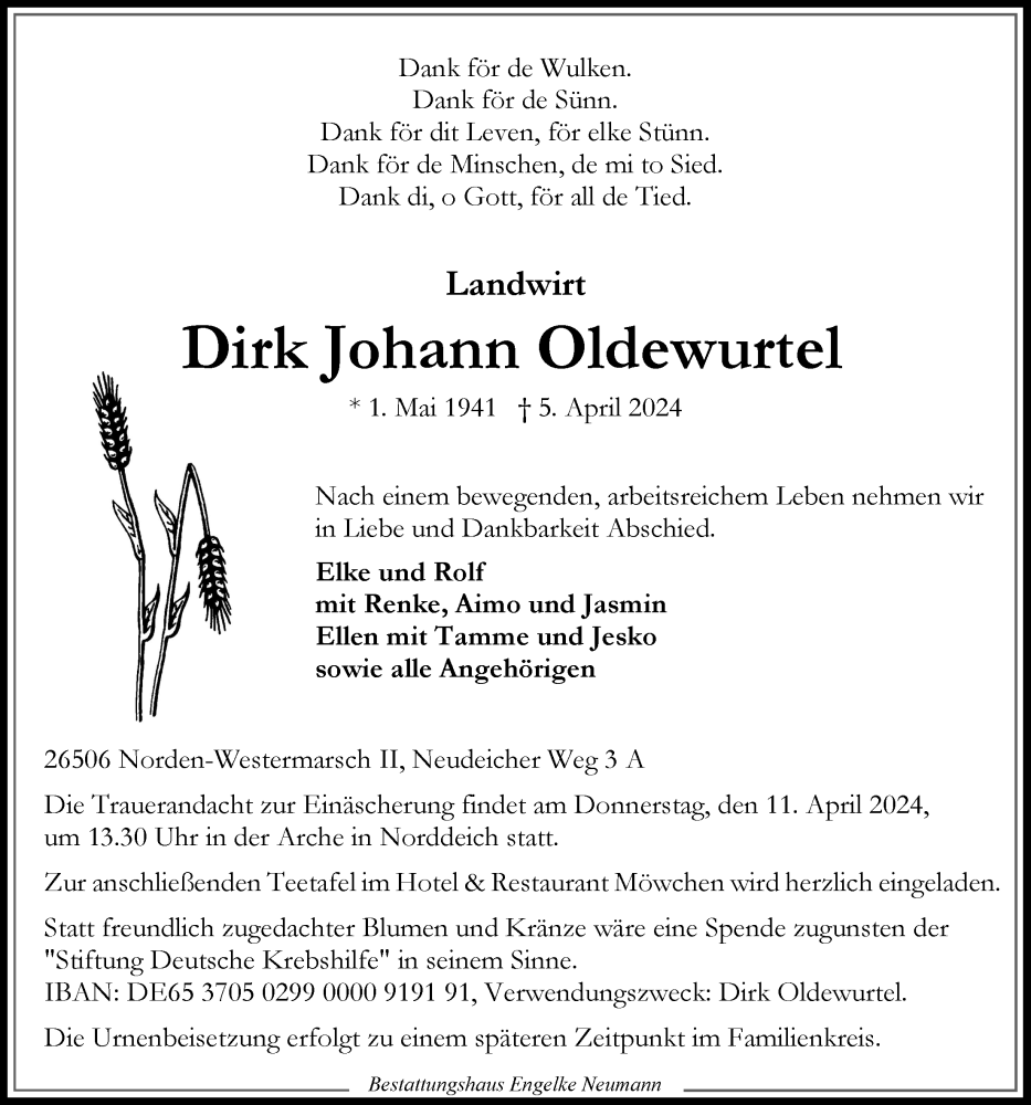  Traueranzeige für Dirk Johann Oldewurtel vom 08.04.2024 aus Ostfriesischer Kurier
