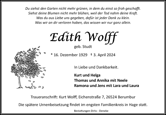 Traueranzeige von Edith Wolff von Ostfriesischer Kurier