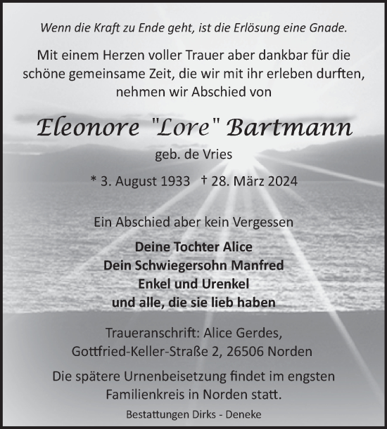 Traueranzeige von Eleonore Bartmann von Ostfriesischer Kurier