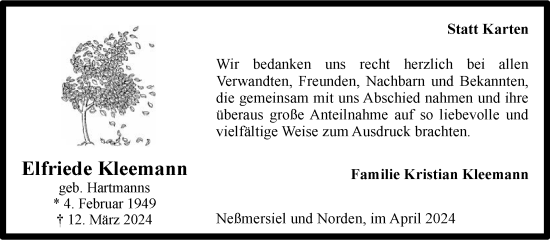 Traueranzeige von Elfriede Kleemann von Ostfriesischer Kurier