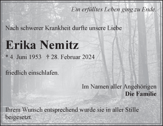 Traueranzeige von Erika Nemitz von Ostfriesischer Kurier