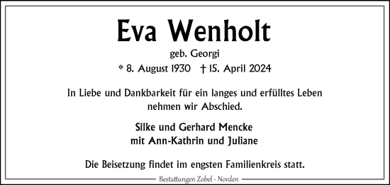 Traueranzeige von Eva Wenholt von Ostfriesischer Kurier