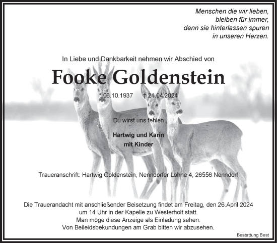 Traueranzeige von Fooke Goldenstein von Ostfriesischer Kurier
