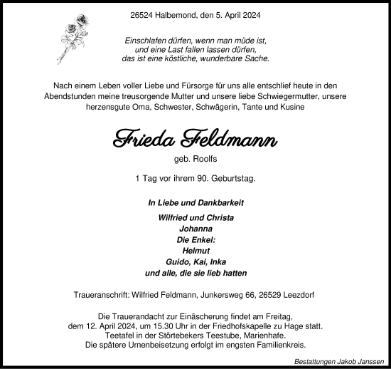 Traueranzeige von Frieda Feldmann von Ostfriesischer Kurier