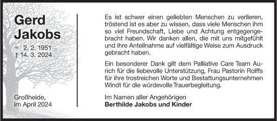 Traueranzeige von Gerd Jakobs von Ostfriesischer Kurier