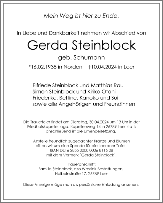 Traueranzeige von Gerda Steinblock von Ostfriesischer Kurier