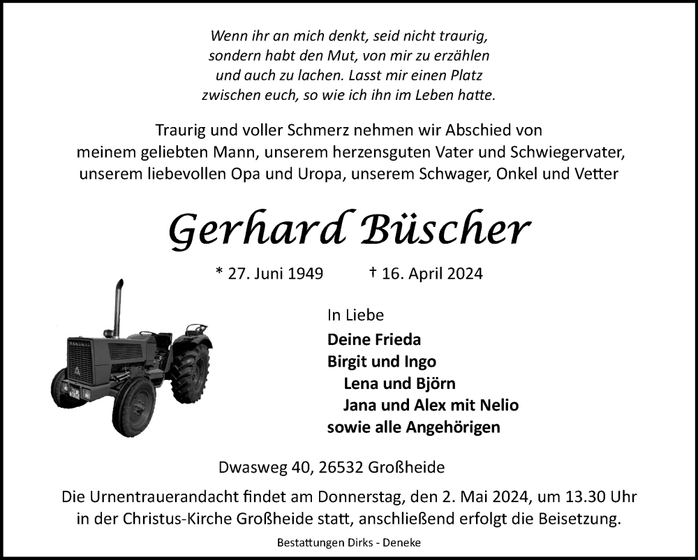  Traueranzeige für Gerhard Büscher vom 19.04.2024 aus Ostfriesischer Kurier