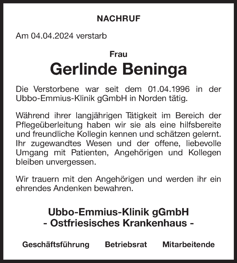  Traueranzeige für Gerlinde Beninga vom 10.04.2024 aus Ostfriesischer Kurier