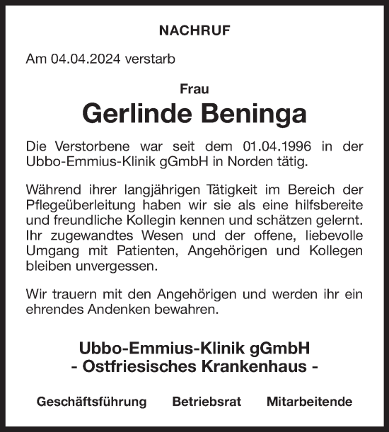 Traueranzeige von Gerlinde Beninga von Ostfriesischer Kurier