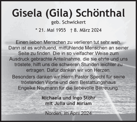 Traueranzeige von Gisela Schönthal von Ostfriesischer Kurier