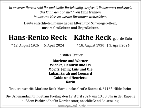 Traueranzeige von Hans-Renko Reck von Ostfriesischer Kurier