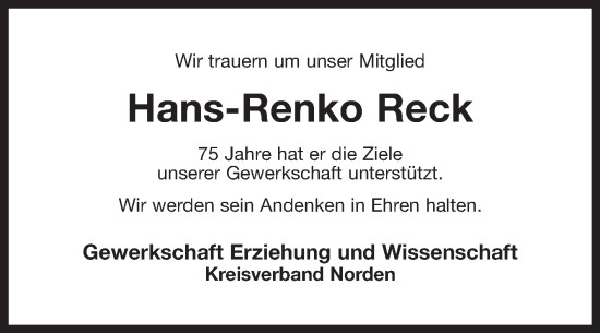 Traueranzeige von Hans-Renko Reck von Ostfriesischer Kurier