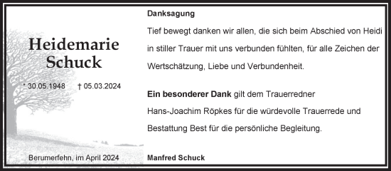 Traueranzeige von Heidemarie Schuck von Ostfriesischer Kurier