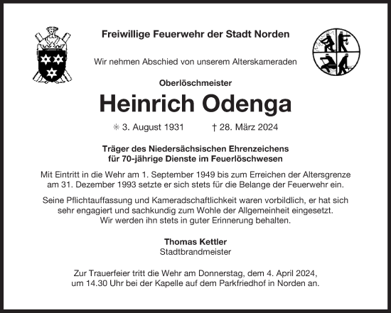 Traueranzeige von Heinrich Odenga von Ostfriesischer Kurier