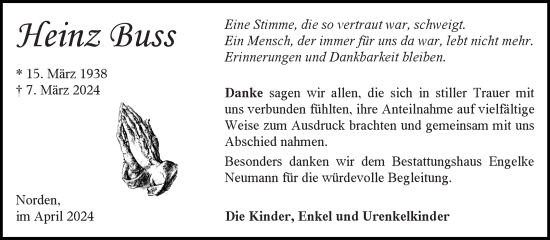 Traueranzeige von Heinz Buss von Ostfriesischer Kurier