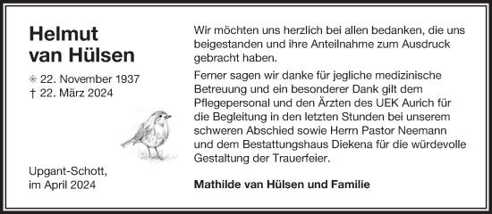 Traueranzeige von Helmut van Hülsen von Ostfriesischer Kurier