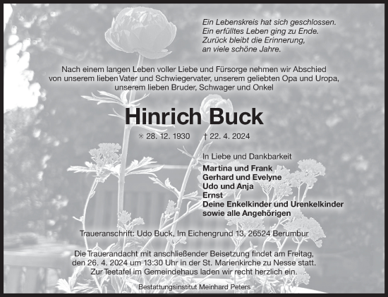 Traueranzeige von Hinrich Buck von Ostfriesischer Kurier