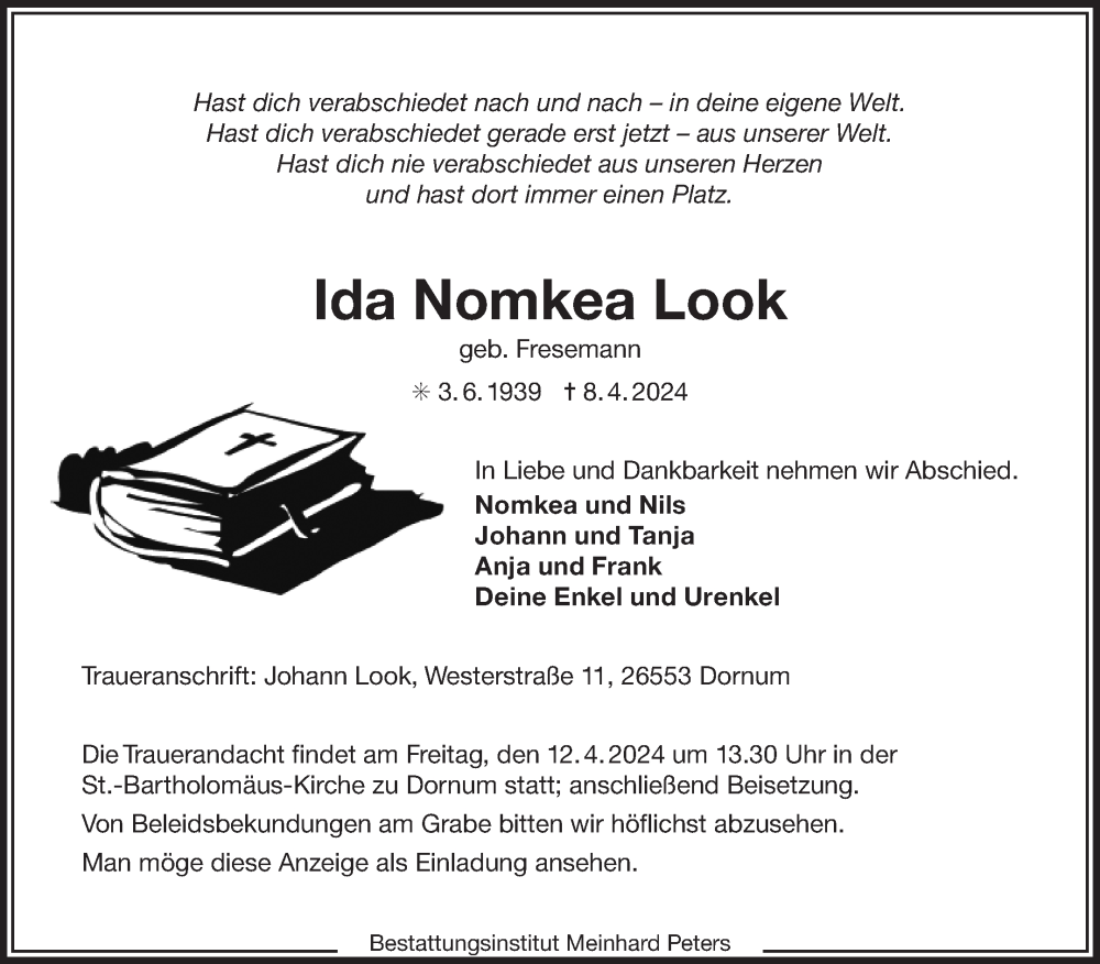  Traueranzeige für Ida Nomkea Look vom 10.04.2024 aus Ostfriesischer Kurier