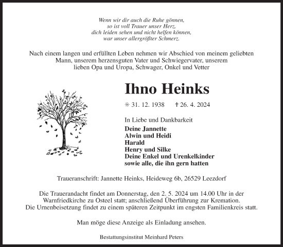 Traueranzeige von Ihno Heinks von Ostfriesischer Kurier