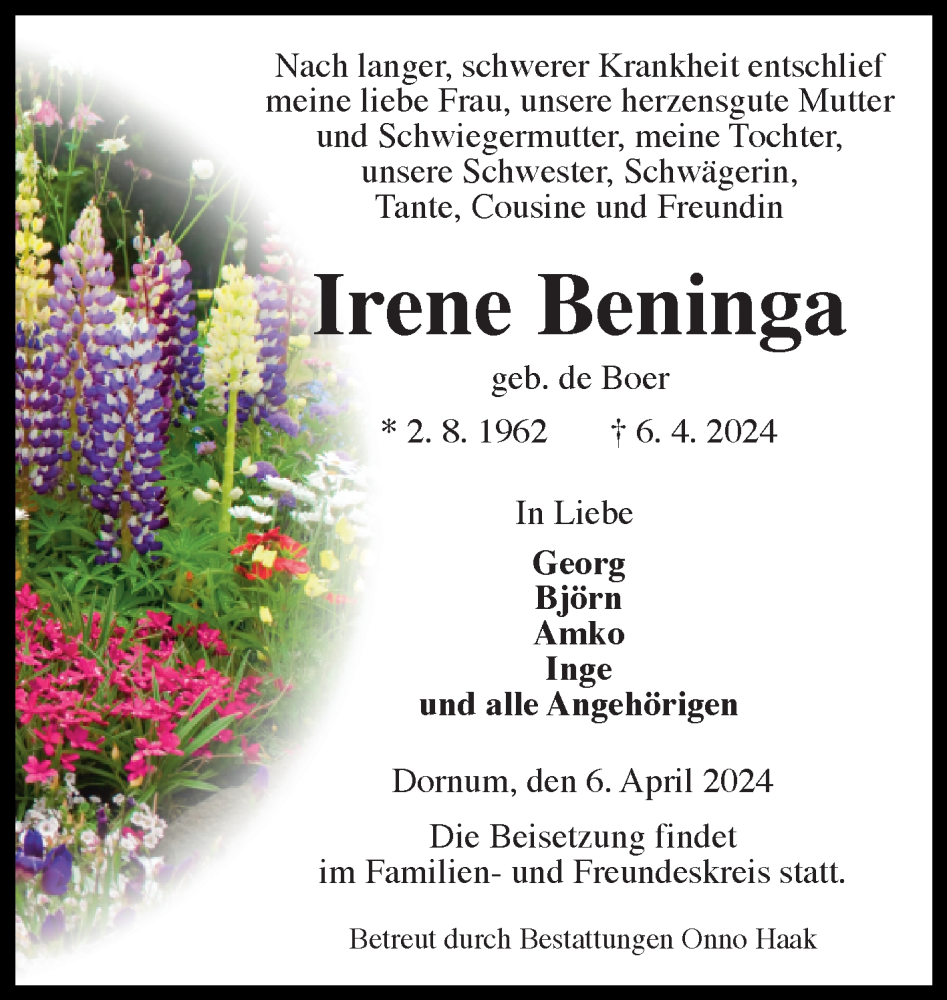  Traueranzeige für Irene Beninga vom 10.04.2024 aus Ostfriesischer Kurier