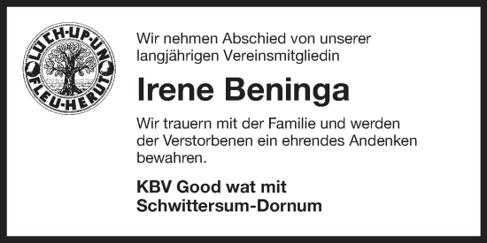 Traueranzeige von Irene Beninga von Ostfriesischer Kurier