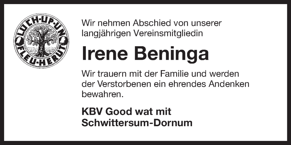 Traueranzeige für Irene Beninga vom 12.04.2024 aus Ostfriesischer Kurier