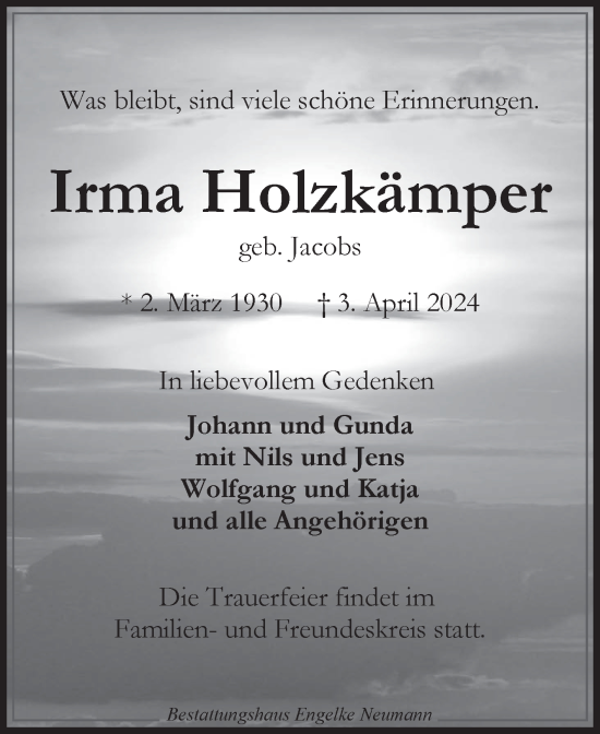 Traueranzeige von Irma Holzkämper von Ostfriesischer Kurier