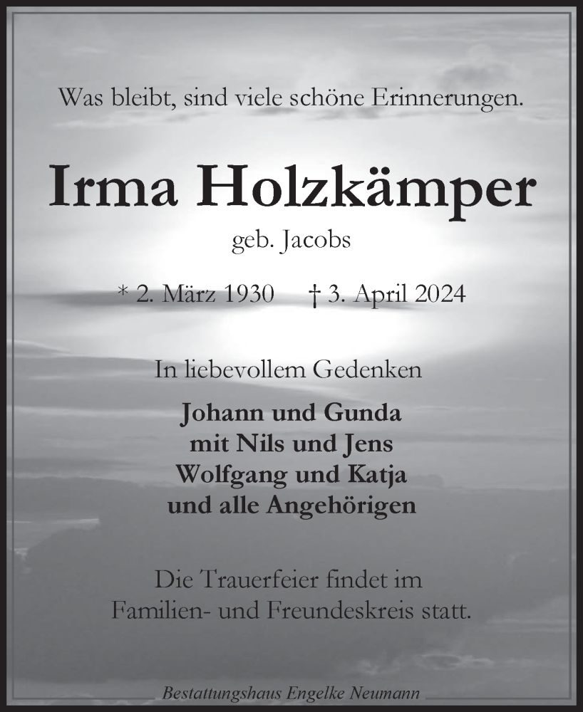  Traueranzeige für Irma Holzkämper vom 13.04.2024 aus Ostfriesischer Kurier