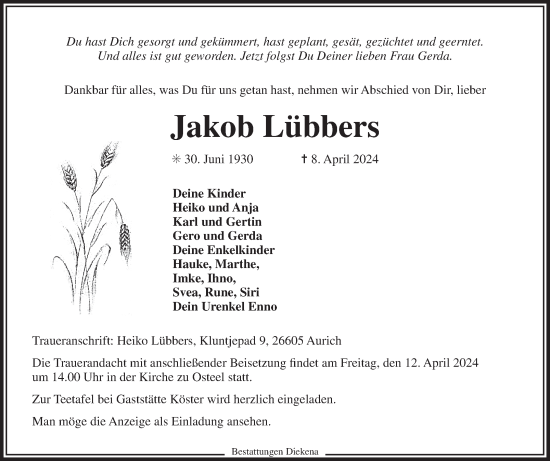 Traueranzeige von Jakob Lübbers von Ostfriesischer Kurier