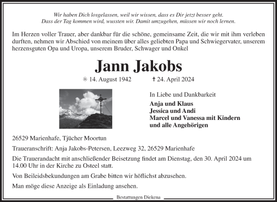 Traueranzeige von Jann Jakobs von Ostfriesischer Kurier
