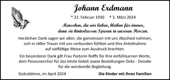 Traueranzeige von Johann Erdmann von Ostfriesischer Kurier