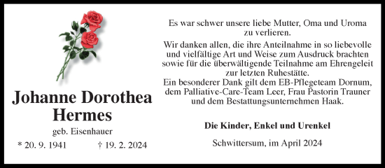 Traueranzeige von Johanne Dorothea Hermes von Ostfriesischer Kurier