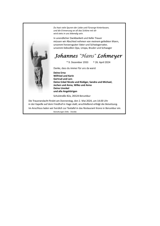 Traueranzeige von Johannes Lohmeyer von Ostfriesischer Kurier