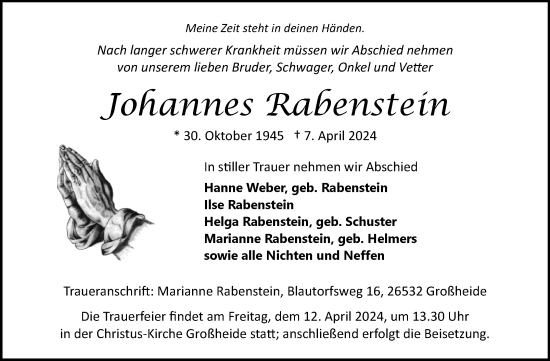 Traueranzeige von Johannes Rabenstein von Ostfriesischer Kurier