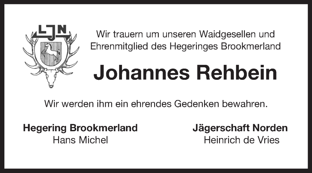 Traueranzeige für Johannes Rehbein vom 16.04.2024 aus Ostfriesischer Kurier