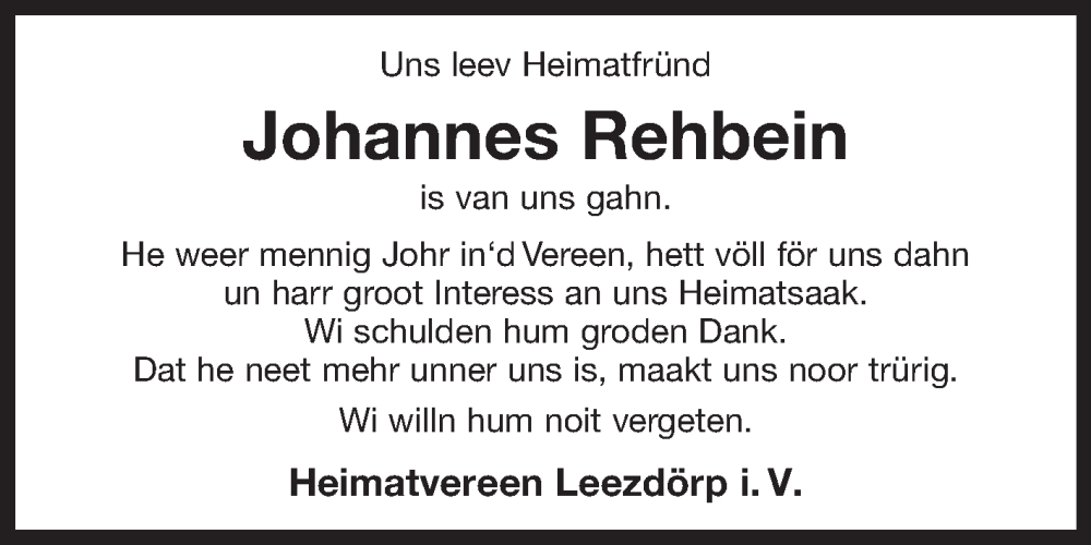  Traueranzeige für Johannes Rehbein vom 17.04.2024 aus Ostfriesischer Kurier
