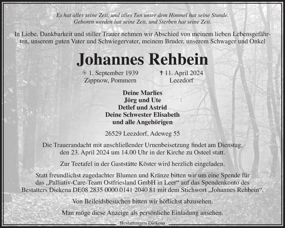  Traueranzeige für Johannes Rehbein vom 13.04.2024 aus Ostfriesischer Kurier