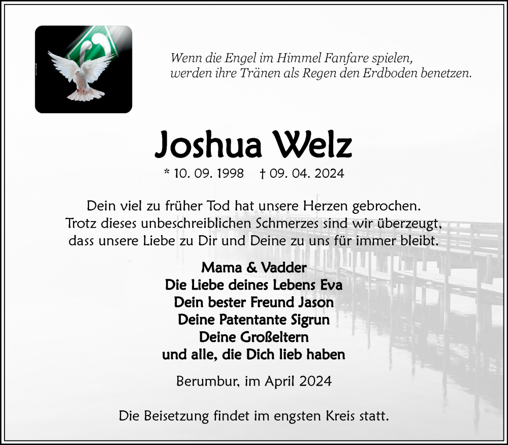  Traueranzeige für Joshua Welz vom 16.04.2024 aus Ostfriesischer Kurier