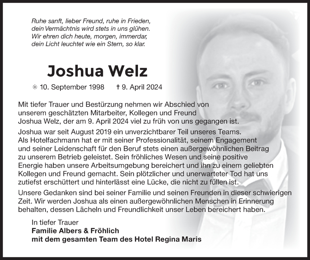  Traueranzeige für Joshua Welz vom 17.04.2024 aus Ostfriesischer Kurier