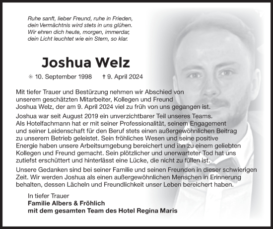 Traueranzeige von Joshua Welz von Ostfriesischer Kurier