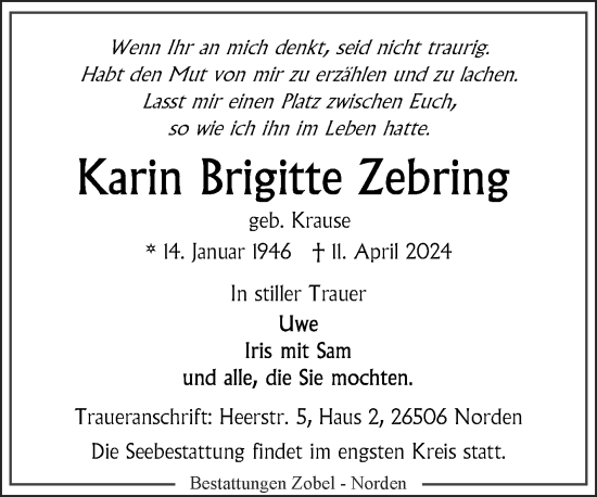 Traueranzeige von Karin Brigitte Zebring von Ostfriesischer Kurier