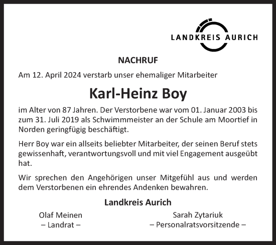 Traueranzeige von Karl-Heinz Boy von Ostfriesischer Kurier