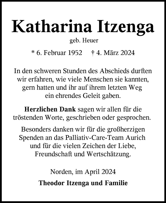 Traueranzeige von Katharina Itzenga von Ostfriesischer Kurier