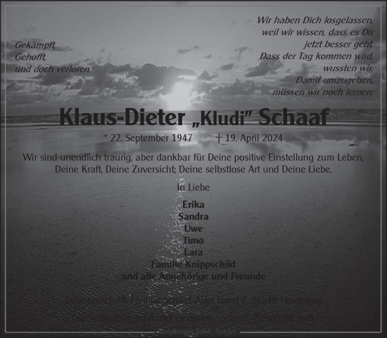 Traueranzeige von Klaus-Dieter Schaaf von Ostfriesischer Kurier
