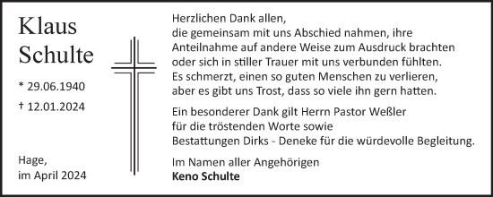 Traueranzeige von Klaus Schulte von Ostfriesischer Kurier