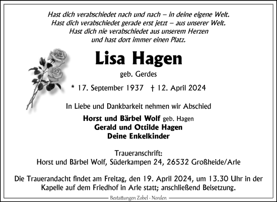 Traueranzeige von Lisa Hagen von Ostfriesischer Kurier