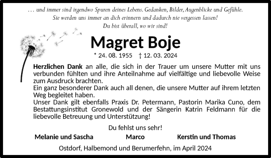 Traueranzeige von Magret Boje von Ostfriesischer Kurier