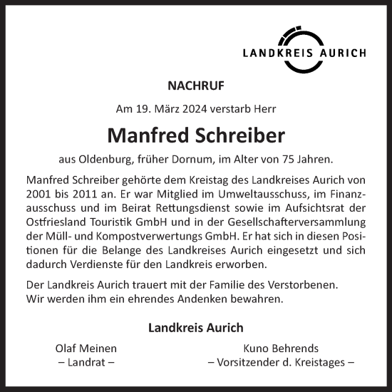 Traueranzeige von Manfred Schreiber von Ostfriesischer Kurier
