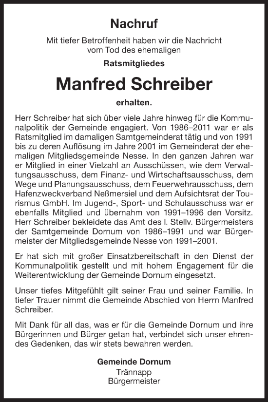 Traueranzeige von Manfred Schreiber von Ostfriesischer Kurier